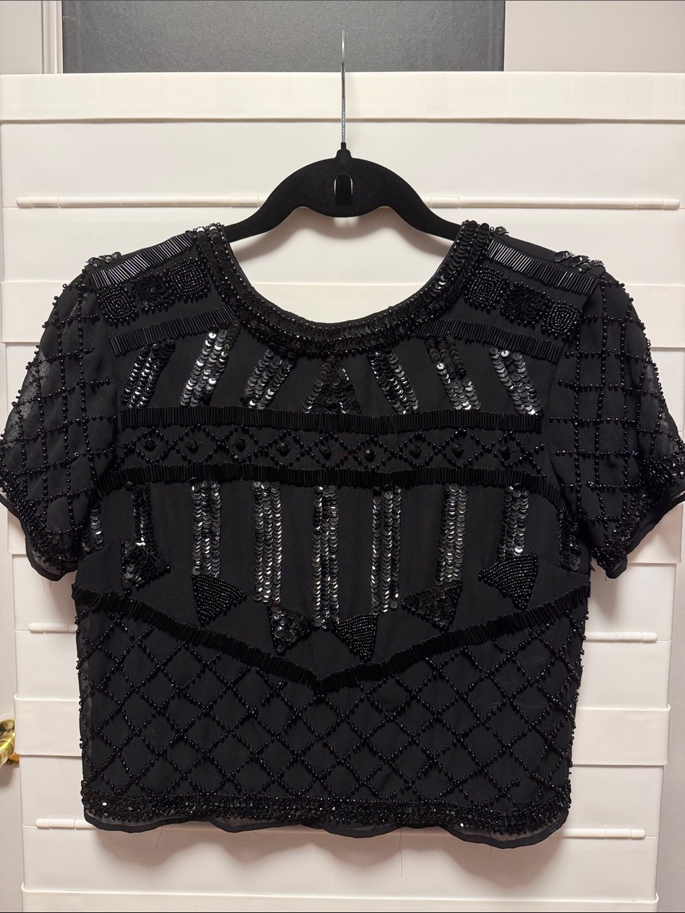 Walter Baker Black Beaded Short Sleeve Cropped Top